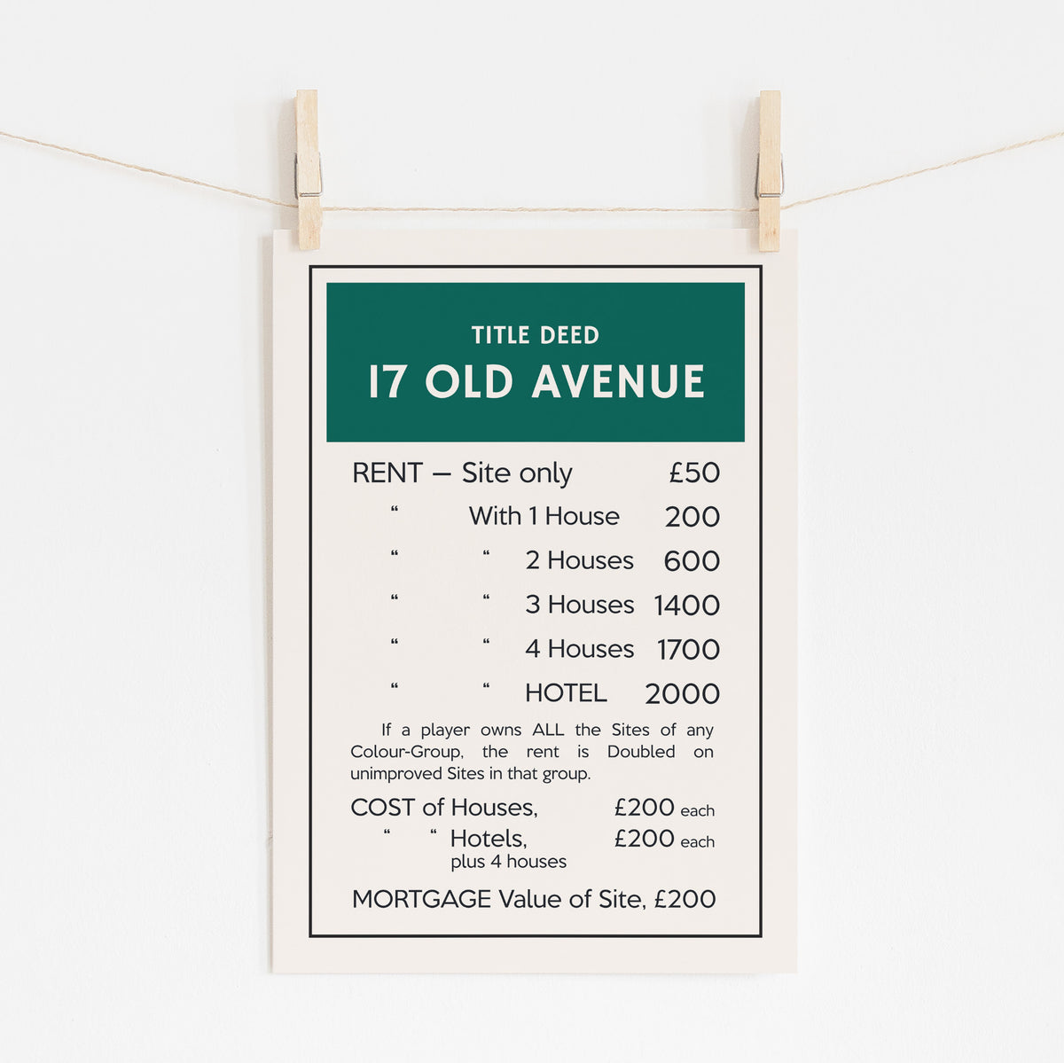 Personalised Monopoly - Title Deed Street Print | Game Art