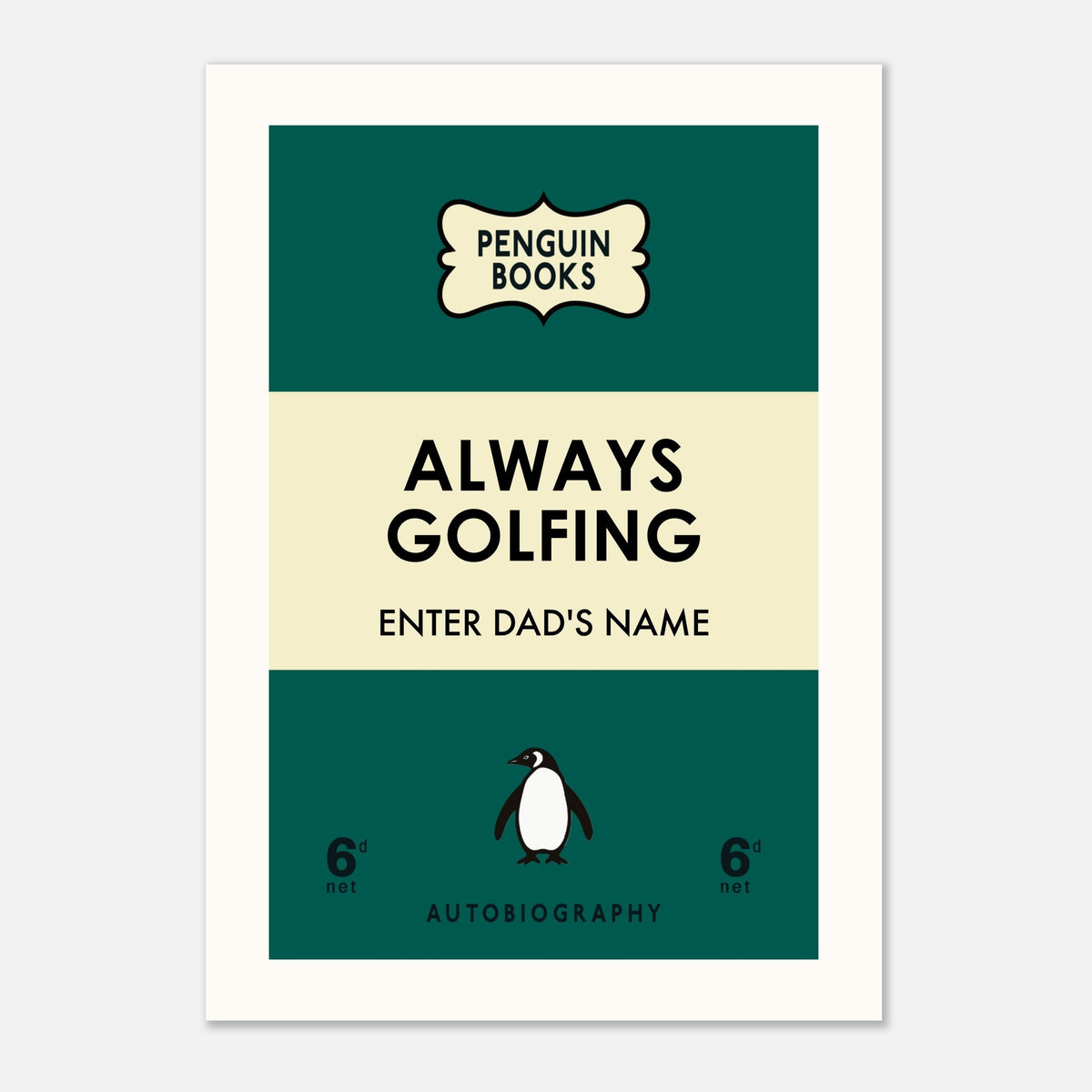 "Personalised Penguin Book Print titled 'ALWAYS GOLFING', perfect as a unique Father's Day gift."