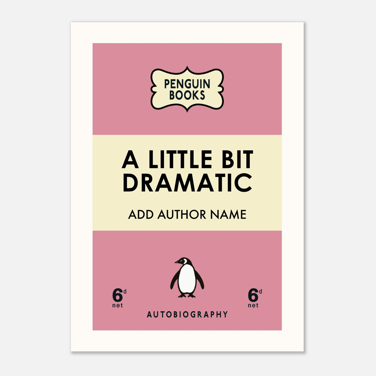 "Personalized art print inspired by classic Penguin book covers, customizable with author's name and color."