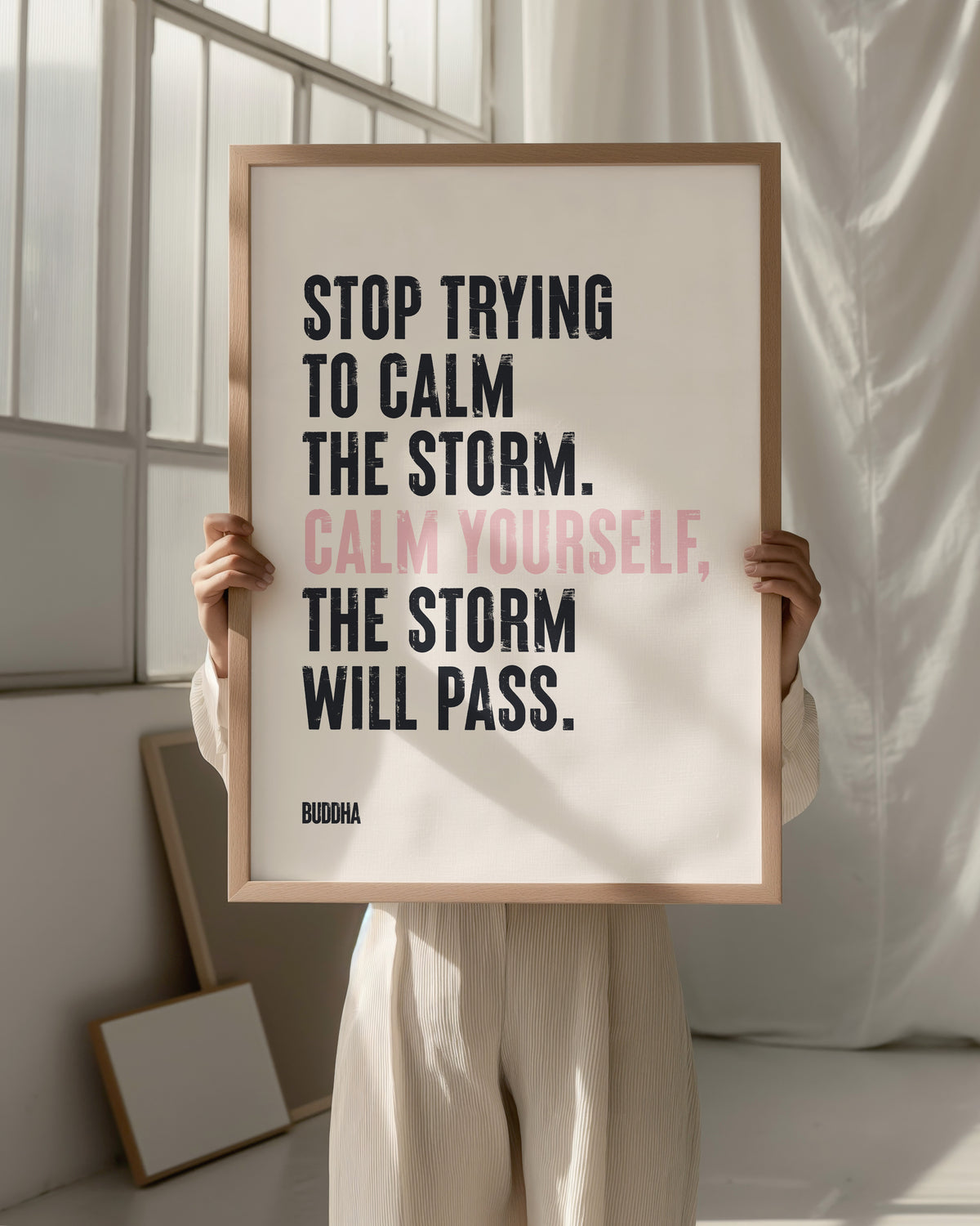 "Motivational quote print on high quality matte art paper, 'Calm yourself, the storm will pass.'"