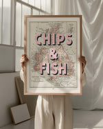 "Stylish wall art featuring a humorous take on a classic British dish, printed on a 1900's map of The British Isles."