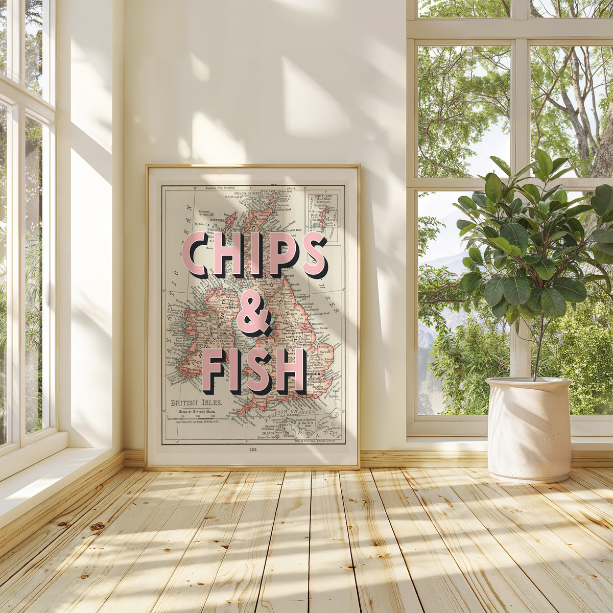 "Stylish wall art featuring a humorous twist on a classic British dish, printed on a 1900 map of The British Isles."