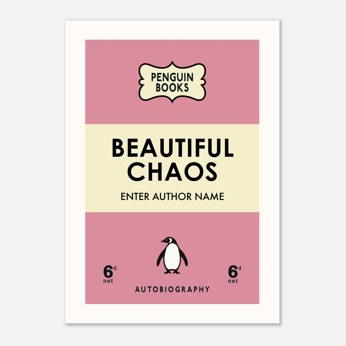 "Personalised penguin book cover print with customizable name, size, and colour options."
